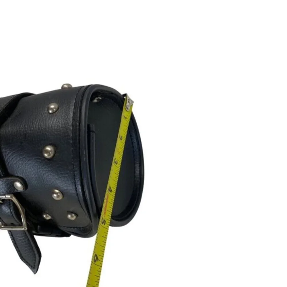Black Leather Studded Motorcycle Handlebar Tool Bag With Buckle Straps